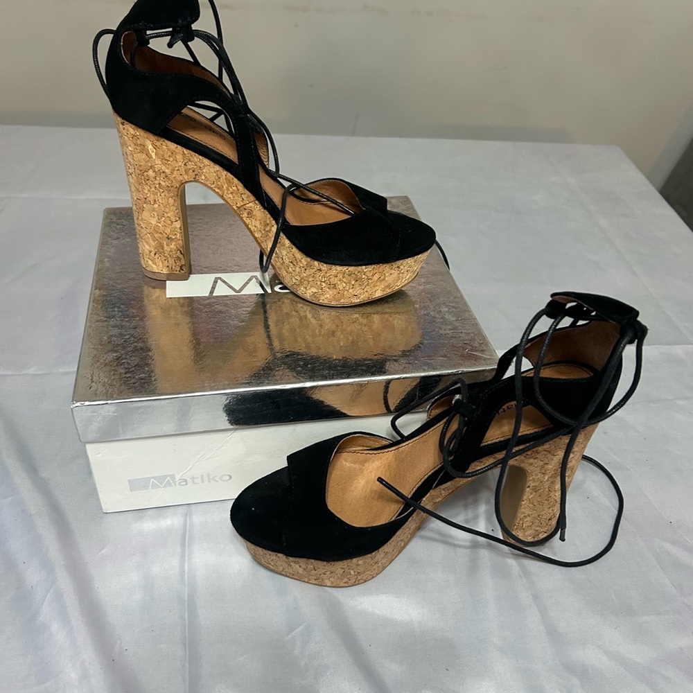 Matiko Black Cork Heel lace up Sandal